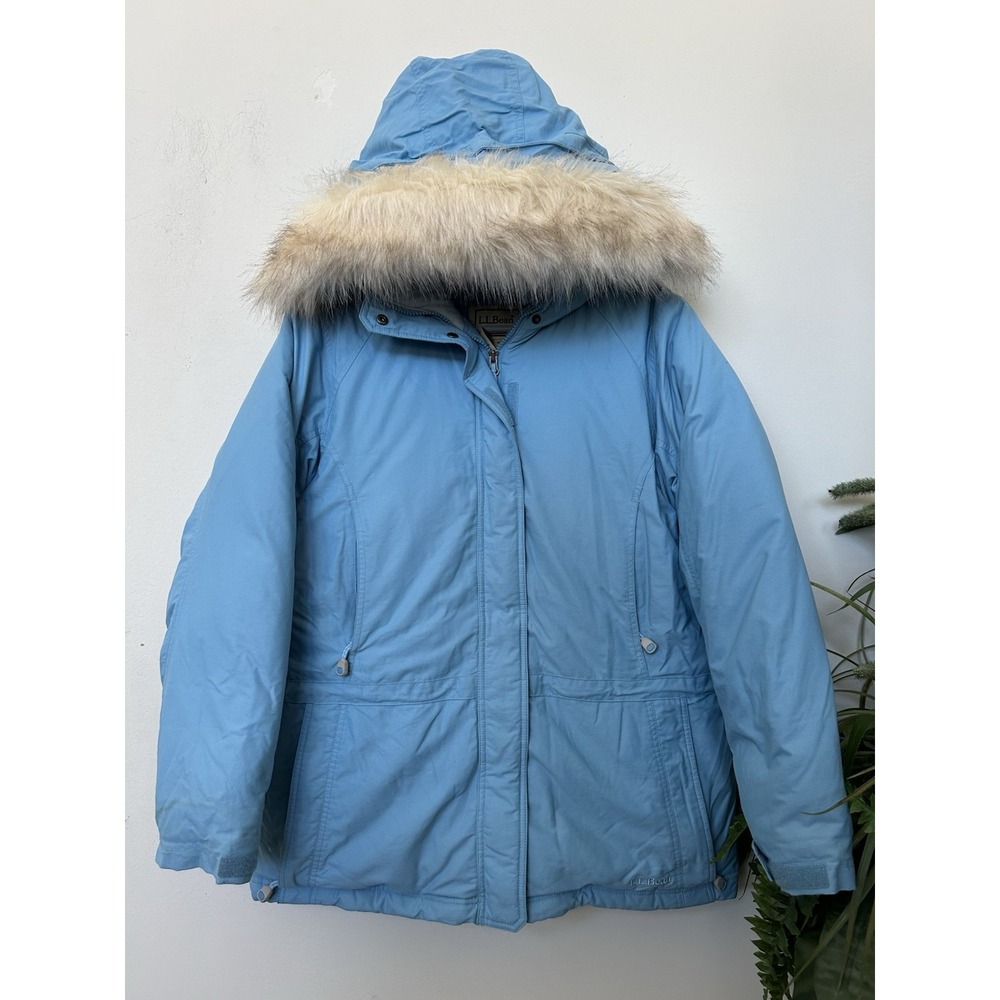 VTG LL Bean Womens M Goose Down Hooded Parka Jacket Fur Trim Blue Gorpcore Cozy